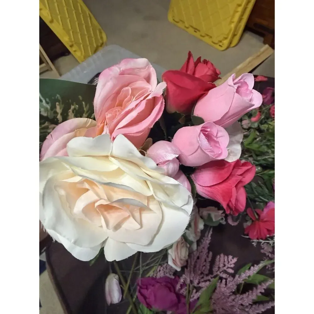 Large Lot / Box of Miscellaneous Artificial Silk Flowers - Bright Coral Shades